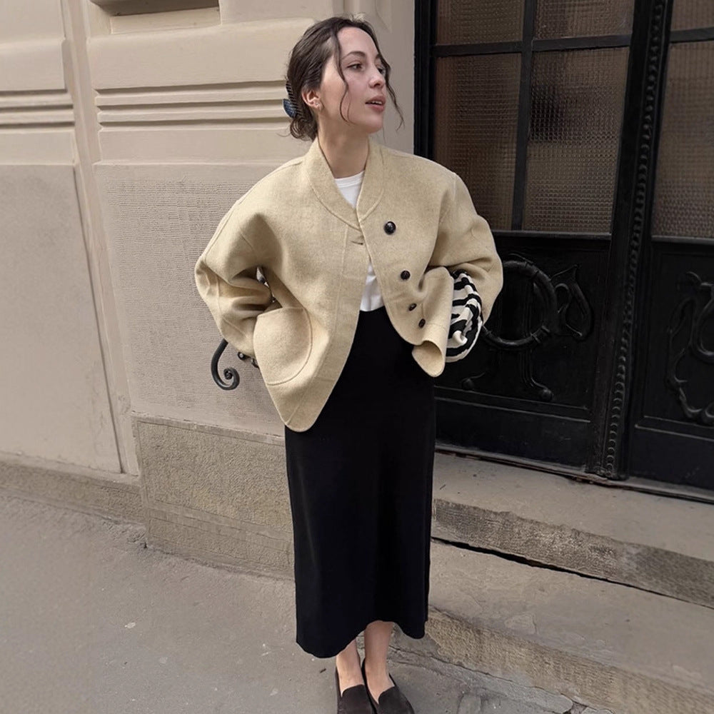 Damen lässige Wolljacke mit Knopfdetails und voluminösen Ärmeln Drune