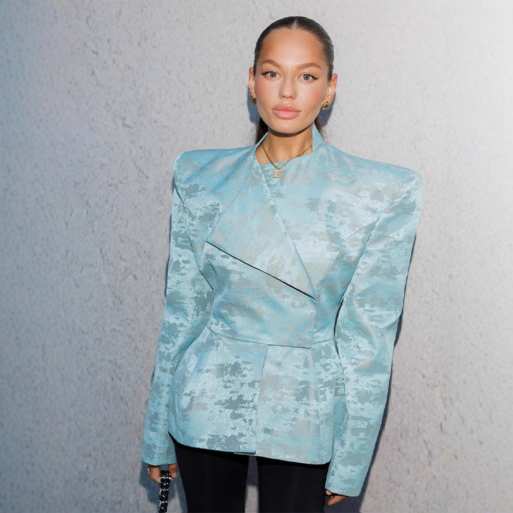 Damen Taillierter Jacquard-Blazer mit betonten Schultern, Schößchen und asymmetrischem Revers Drune
