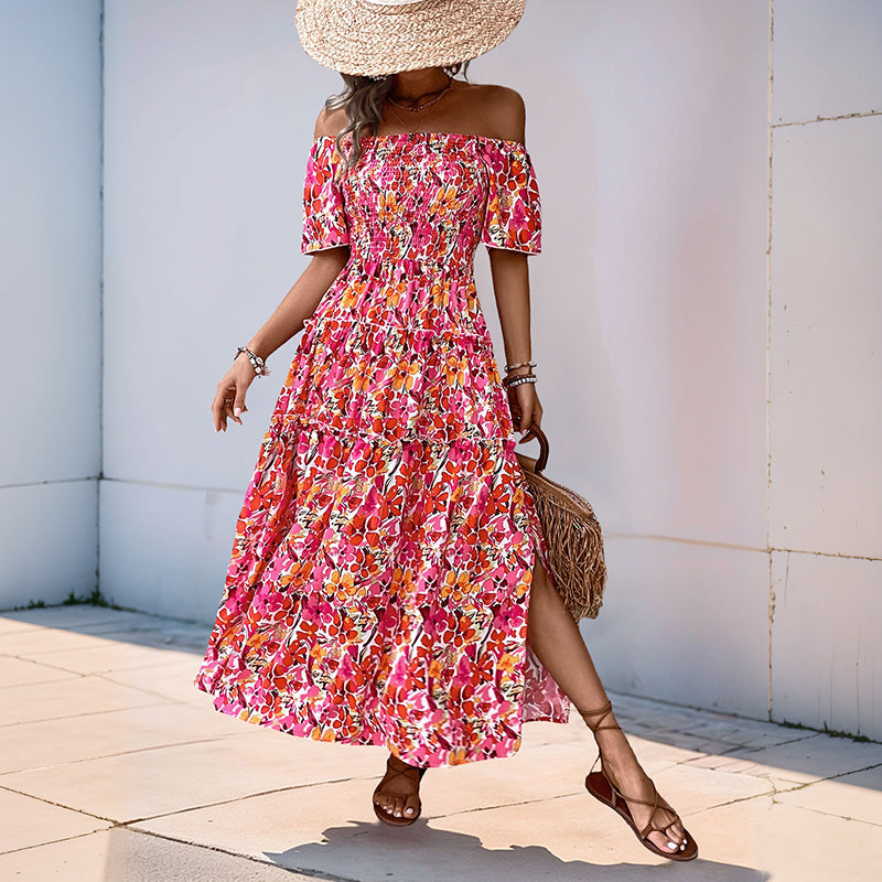 Damen Off-Shoulder Maxikleid mit Blütenmuster und Rüschendetails Drune