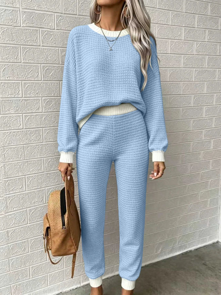 Damen Waffelstrick-Komfort-Set mit hochtaillierter Slim-Jogginghose und Oversize-Pullover Drune