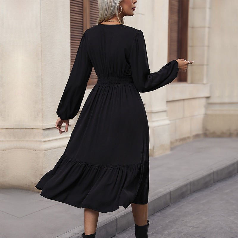 Damen V-Ausschnitt Midikleid mit hoher Taillennaht, langen Ballonärmeln und Volantstufe Drune