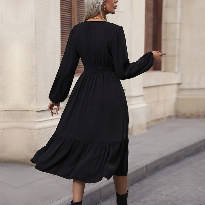 Damen V-Ausschnitt Midikleid mit hoher Taillennaht, langen Ballonärmeln und Volantstufe Drune