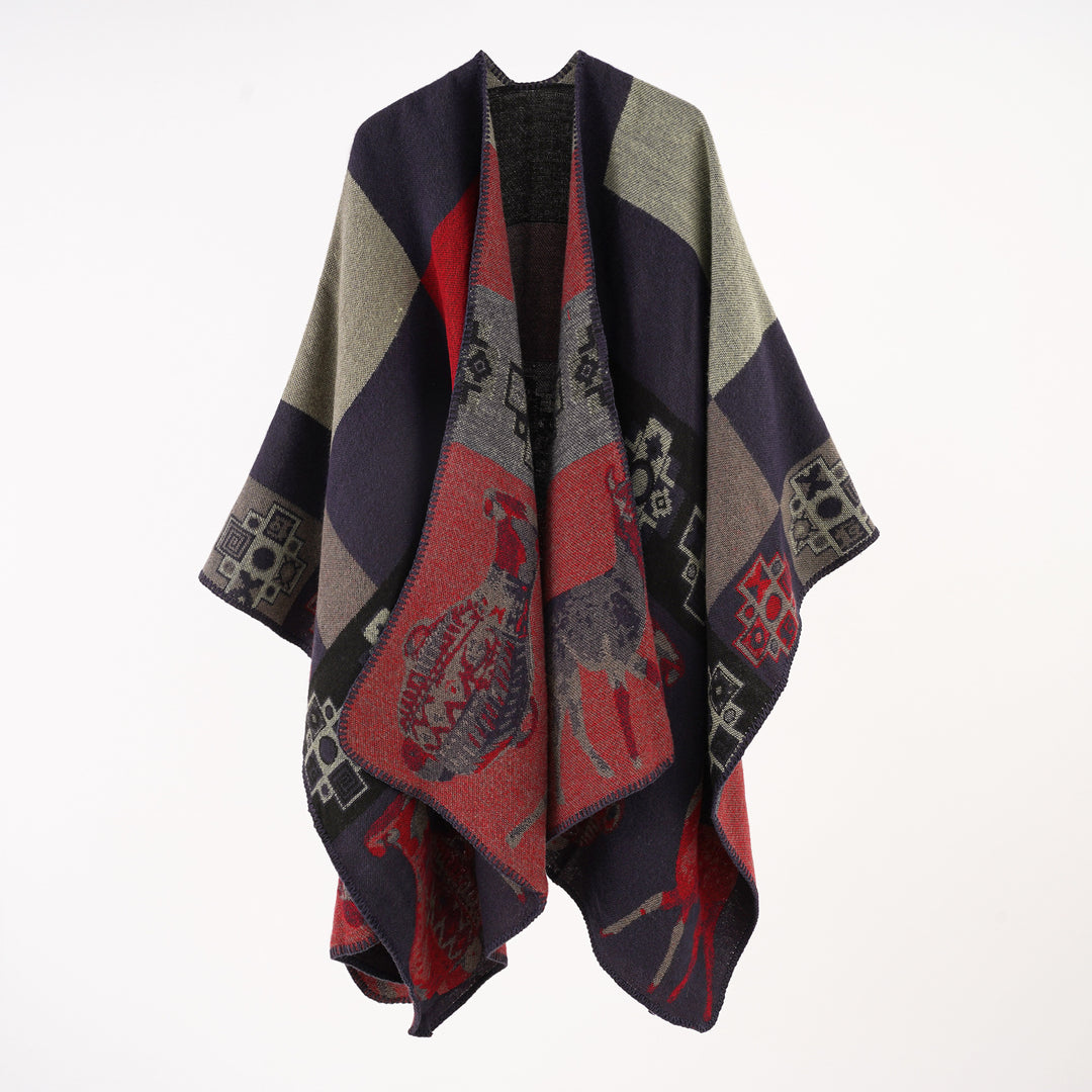 Damen Oversize-Jacquard-Capeponcho mit ornamentaler Webstruktur Drune