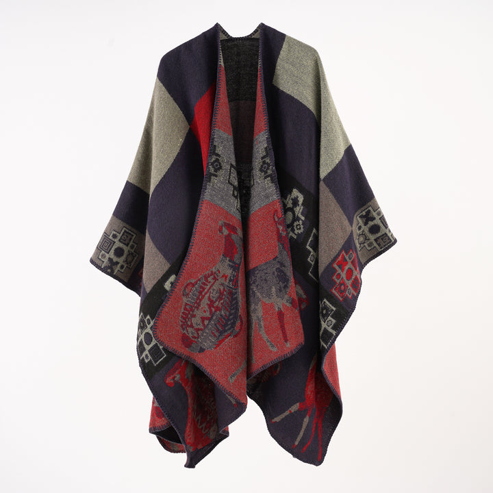 Damen Oversize-Jacquard-Capeponcho mit ornamentaler Webstruktur Drune