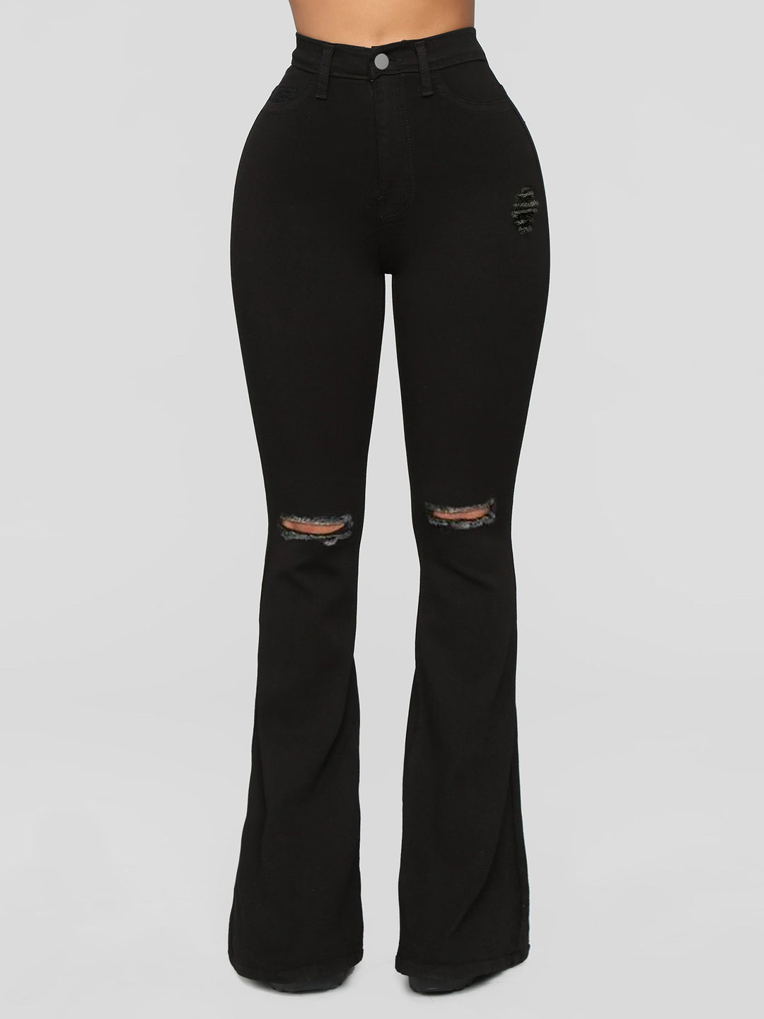 Damen High‑Waist Flared‑Jeans mit Knie‑Rissen und sculptendem Stretchbund Drune