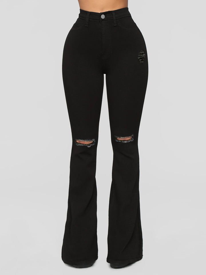 Damen High‑Waist Flared‑Jeans mit Knie‑Rissen und sculptendem Stretchbund Drune