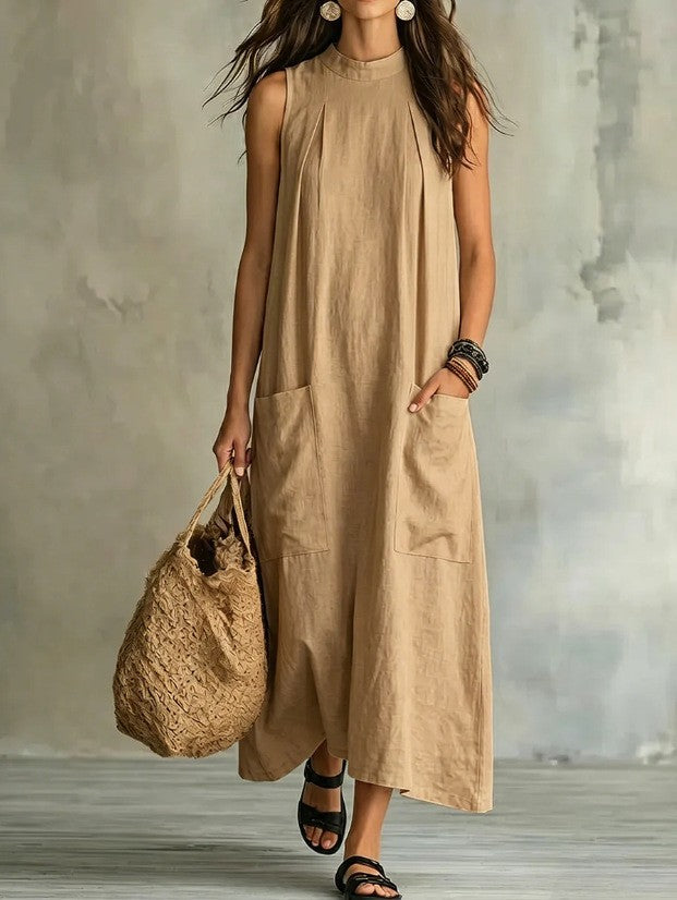 Damen nan ärmelloses Leinen-Maxikleid mit Stehkragen, Brustfalten und aufgesetzten Taschen Drune
