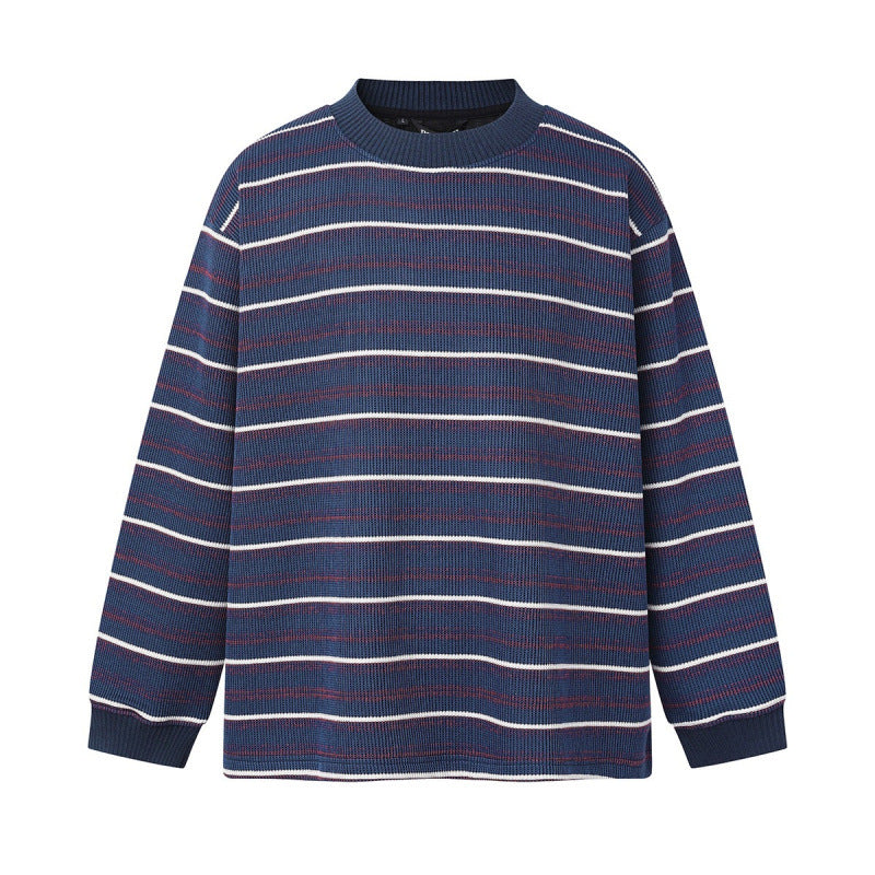 Unisex Locker geschnittener Strukturstrick-Pullover mit Rundhals und maritimen Streifen Drune