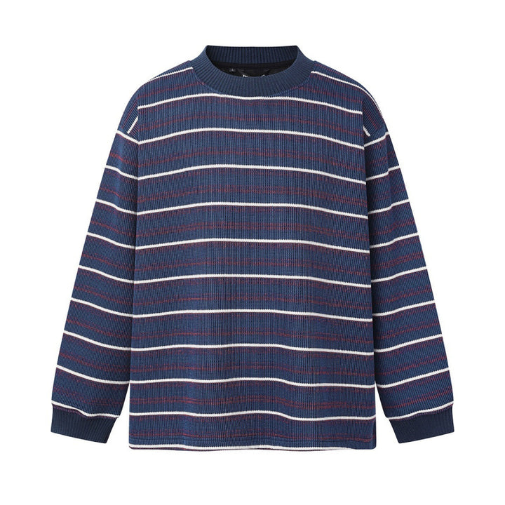 Unisex Locker geschnittener Strukturstrick-Pullover mit Rundhals und maritimen Streifen Drune