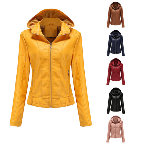 Damen nan taillierte Kunstlederjacke mit Kapuze, wattiertem Innenfutter und verdeckten Reißverschlusstaschen Drune