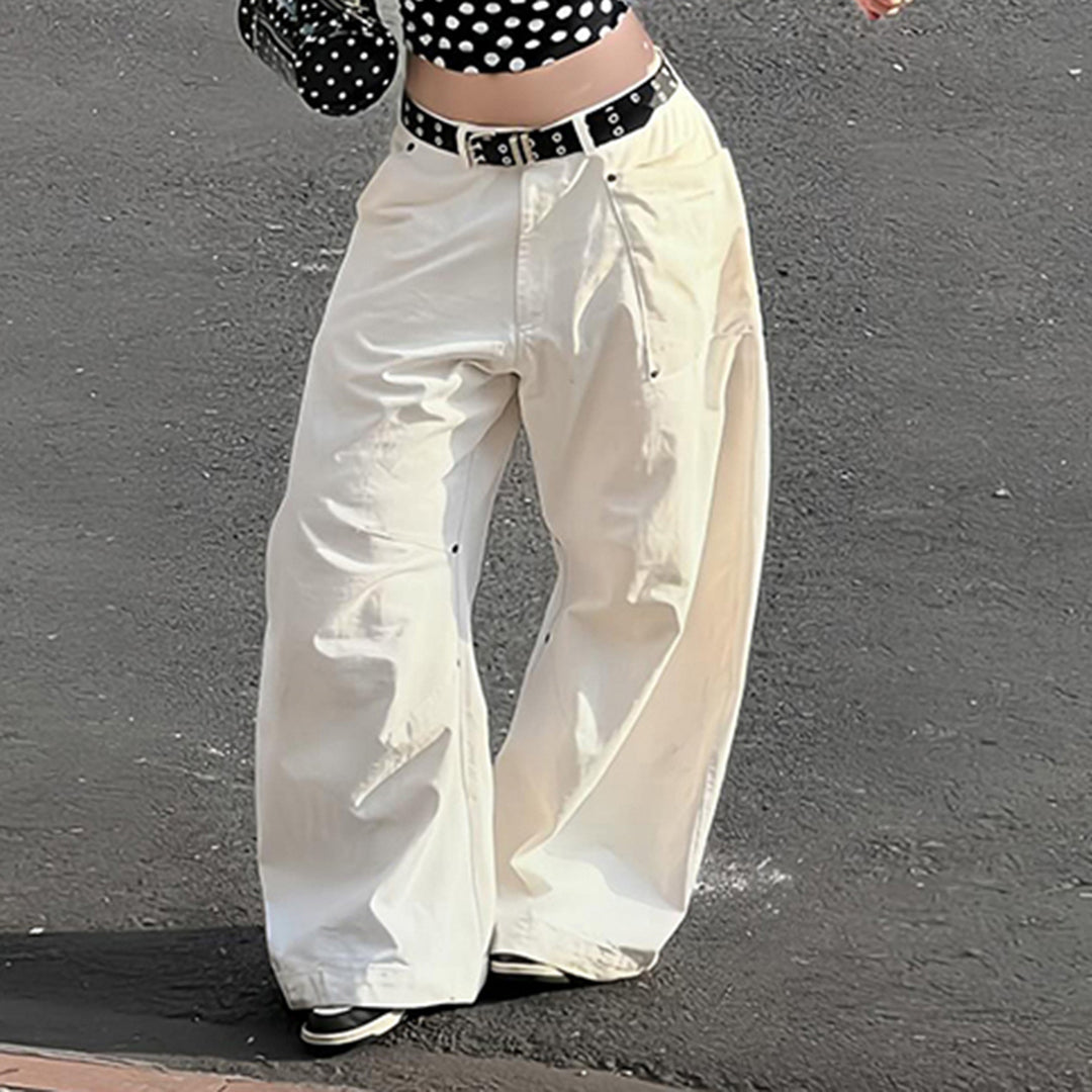 Damen nan weite Highwaist-Canvas-Hose im Carpenter‑Stil mit hohem Bund und aufgesetzten Taschen Drune