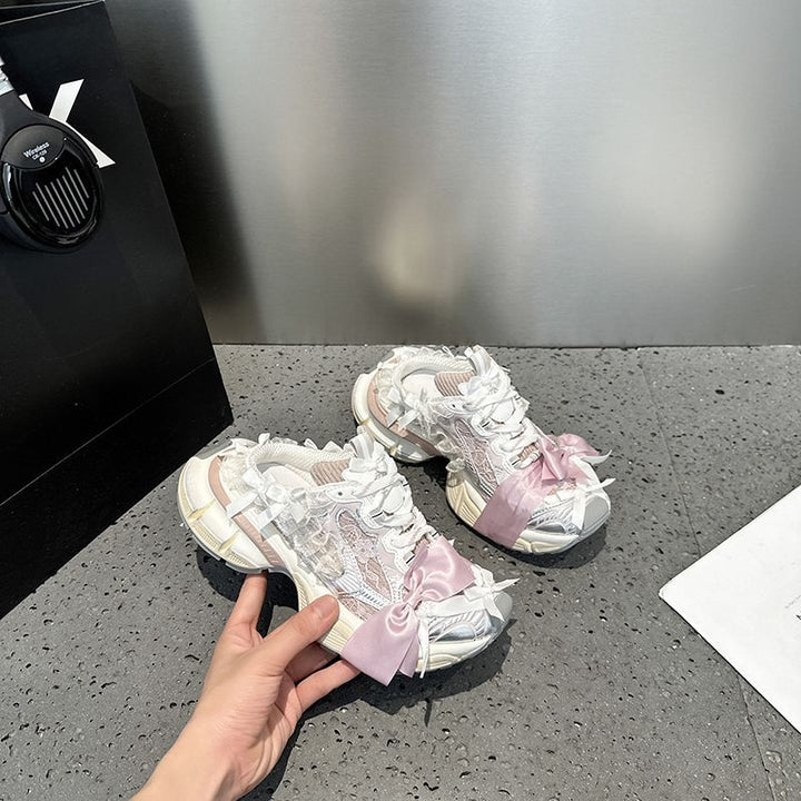 Damen Chunky-Sneaker-Mule mit Satin‑Schleife und Spitzenapplikation Drune