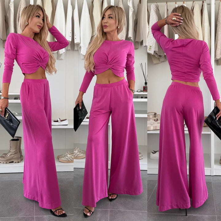 Damen figurnahes Twist-Cropped-Shirt mit weitem High-Waist Palazzo-Hose aus fließendem Jersey Drune