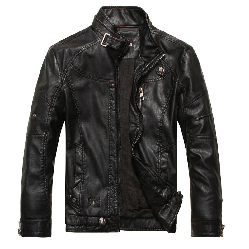 Herren Lederjacke im Bikerstil mit Stehkragen und Ziernähten Drune