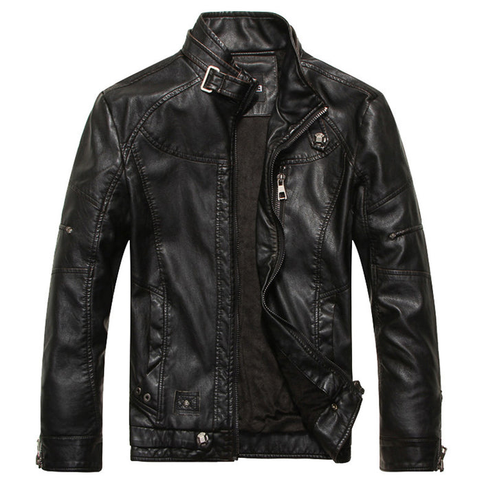 Herren Lederjacke im Bikerstil mit Stehkragen und Ziernähten Drune