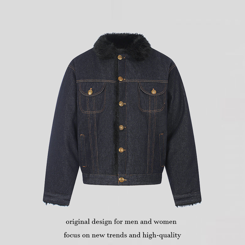 Damen gefütterte Jeansjacke mit Kunstfellkragen, Teddy‑Innenfutter und Goldknopf-Details Drune