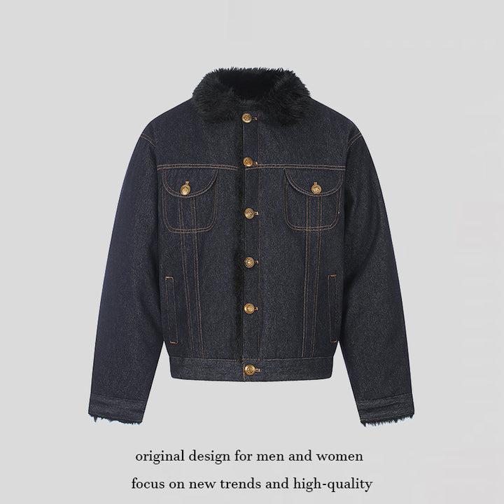 Damen gefütterte Jeansjacke mit Kunstfellkragen, Teddy‑Innenfutter und Goldknopf-Details Drune