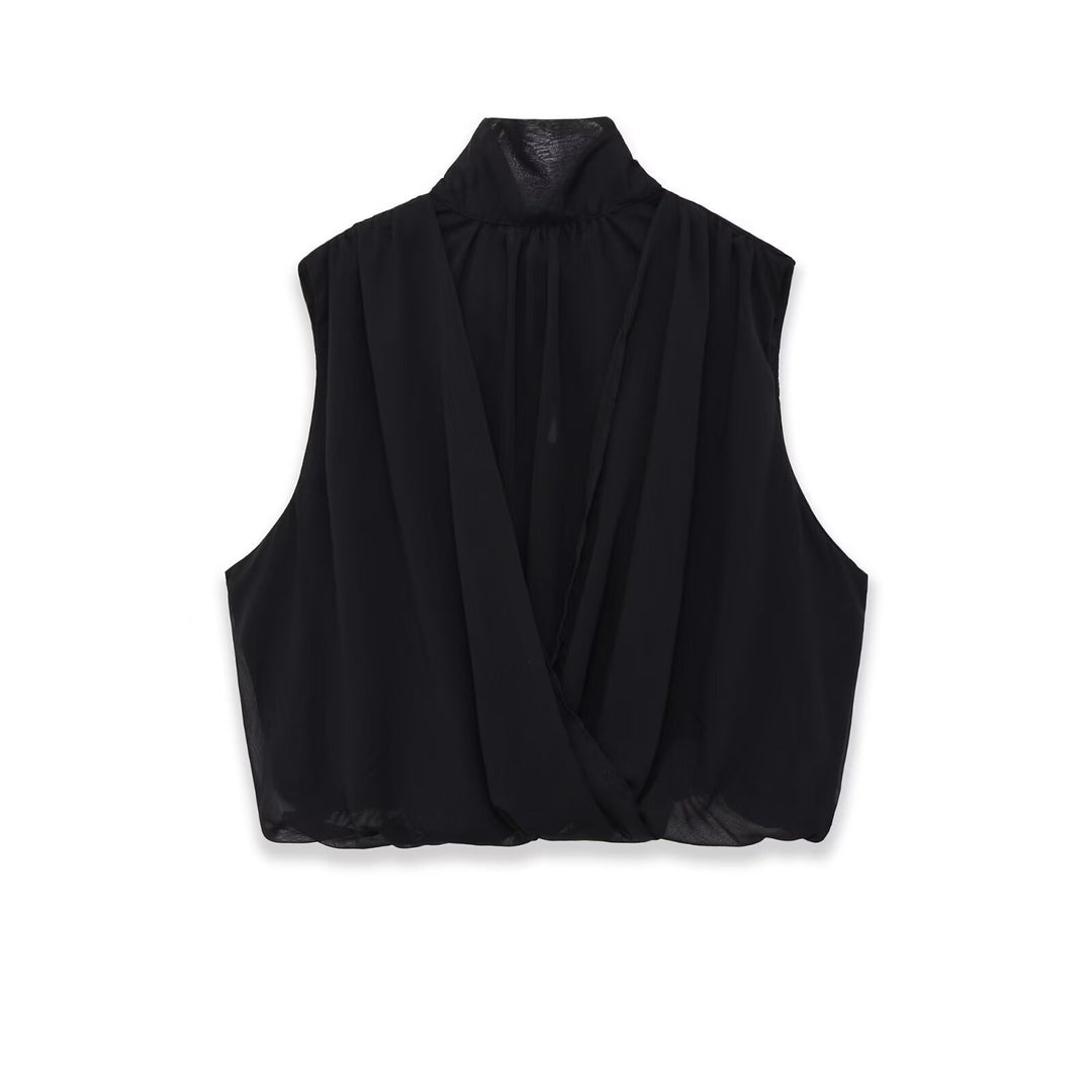 Damen Ärmellose Chiffonbluse mit Schleifenkragen und elastischem Saum Drune