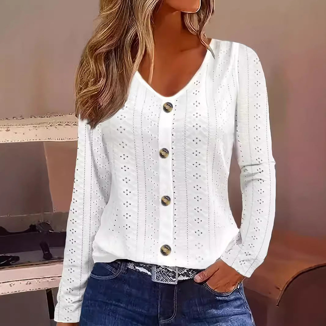 Damen Fein strukturiertes Langarmshirt mit eleganten Knöpfen Drune