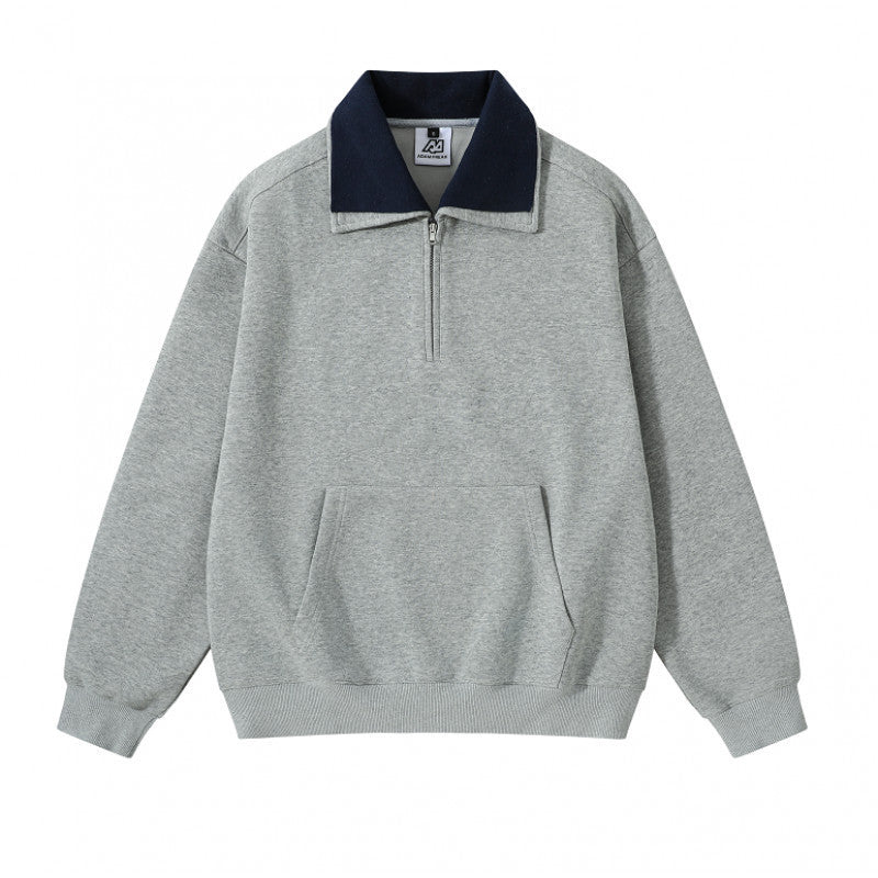 Unisex Oversize-Halbzip-Sweatshirt mit kontrastierendem Kentkragen, Kängurutasche und gerippten Bündchen Drune