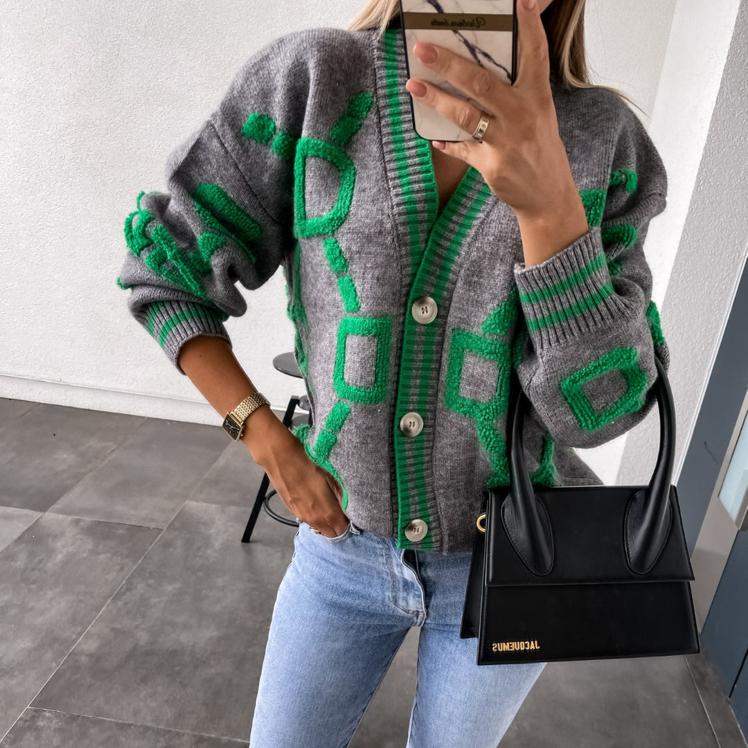 Damen Grobstrick-Cardigan mit 3D-Strukturmotiv, V‑Ausschnitt und Knopfleiste Drune
