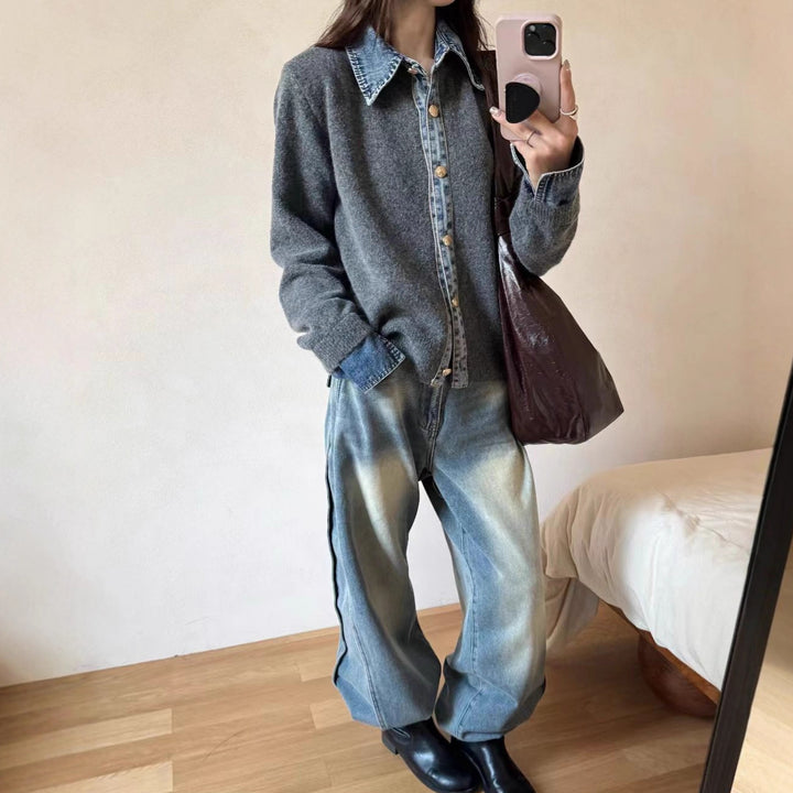 Damen lässiges Overshirt mit ausgefallenem Denim-Kragen und Knopfdetails Drune