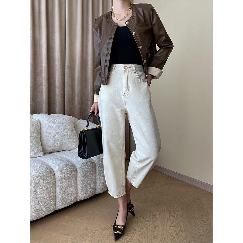 Damen modische Kunstlederjacke mit diagonalen Schnitten Drune