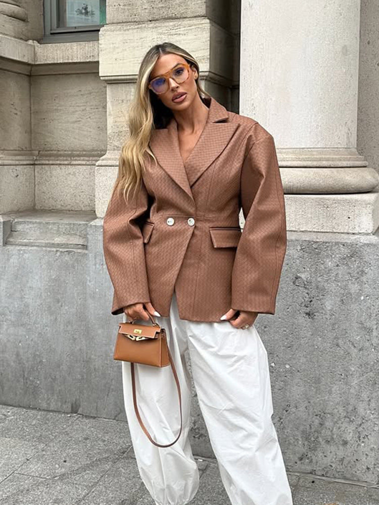 Damen Boxy-Blazer mit taillierter Drapierung und strukturierter Lederimitat-Optik Drune