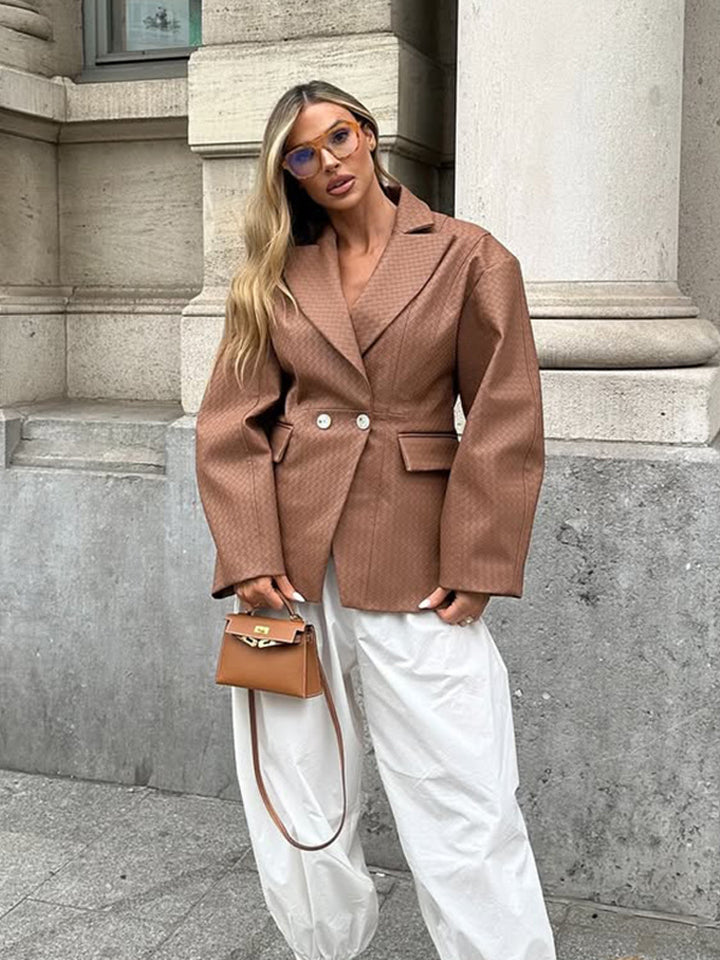 Damen Boxy-Blazer mit taillierter Drapierung und strukturierter Lederimitat-Optik Drune