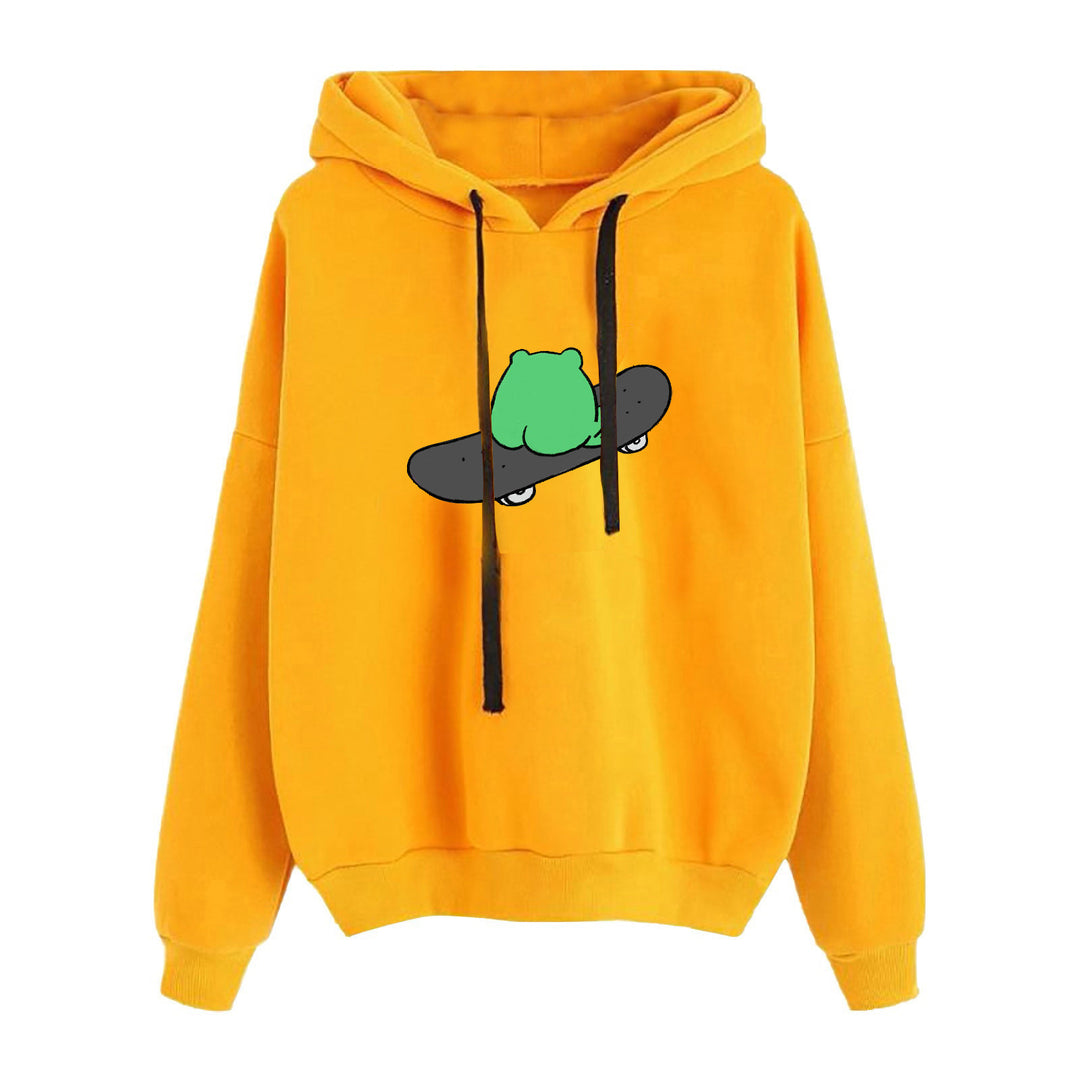 Damen nan kurz geschnittener Cropped-Kapuzenpullover mit niedlicher Frosch-Illustration und verstellbarer Kapuze Drune