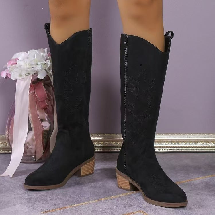 Damen nan Kniestiefel im Westernstil mit mittelhohem Blockabsatz seitlichem Reißverschluss und gesticktem Wildlederfinish Drune
