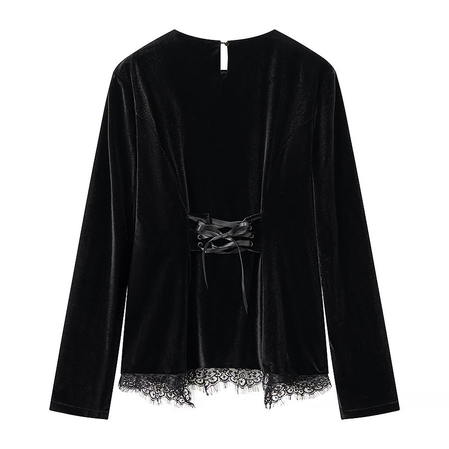 Damen Elegantes Samtoberteil mit Spitzenbesatz und geschwungenem Saum Drune