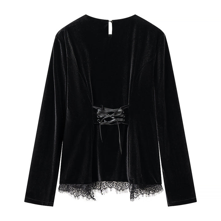 Damen Elegantes Samtoberteil mit Spitzenbesatz und geschwungenem Saum Drune