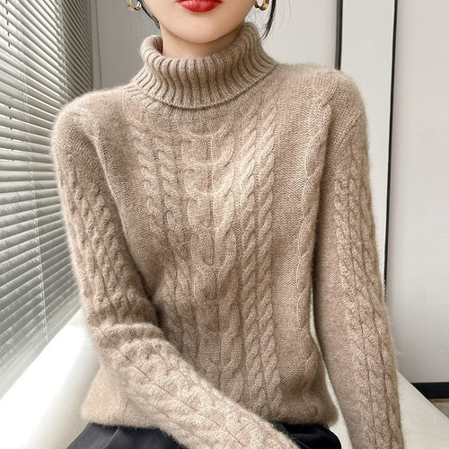 Damen hochgeschlossenes Strickpullover mit Zopfmuster und weichem Material Drune