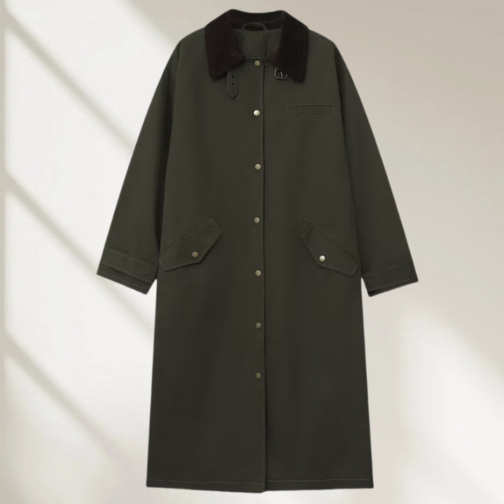 Damen Langer wasserdichter Oversize-Mantel mit Cordkragen, Druckknopfleiste und Pattentaschen Drune