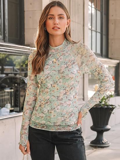 Damen Transparentes Mesh-Longsleeve mit Blumenprint und Stehkragen Drune