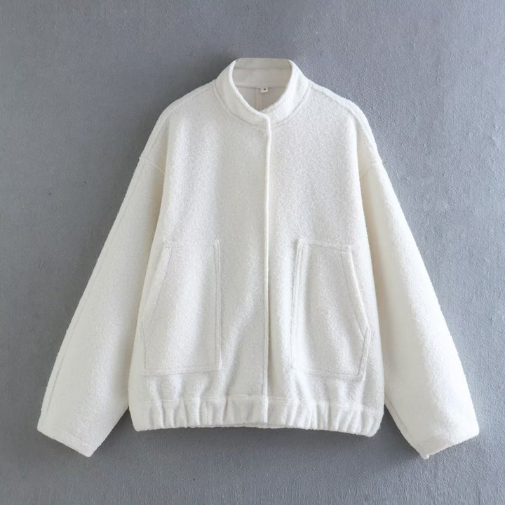Damen nan oversized Teddyjacke mit Stehkragen, aufgesetzten Taschen und geradem Saum Drune