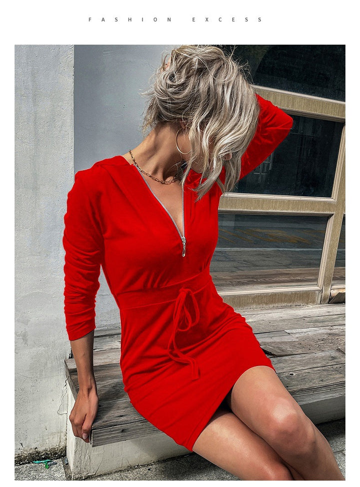 Damen sportliches Kleid mit Reißverschluss und regulierbarem Gürtel Drune