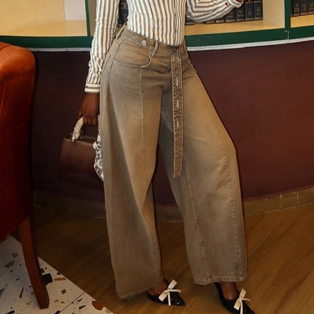 Damen Hochtaillierte weite Denim-Hose mit breitem Bindegürtel Drune