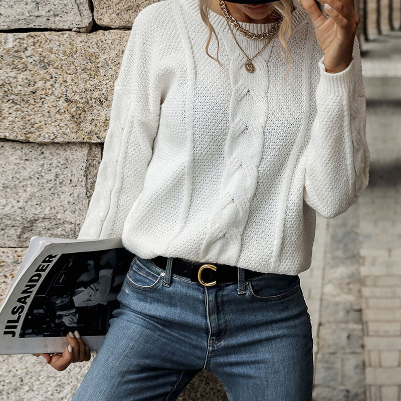 Damen Feiner Rundhals-Pullover mit Zopfmotiv und geripptem Saum Drune