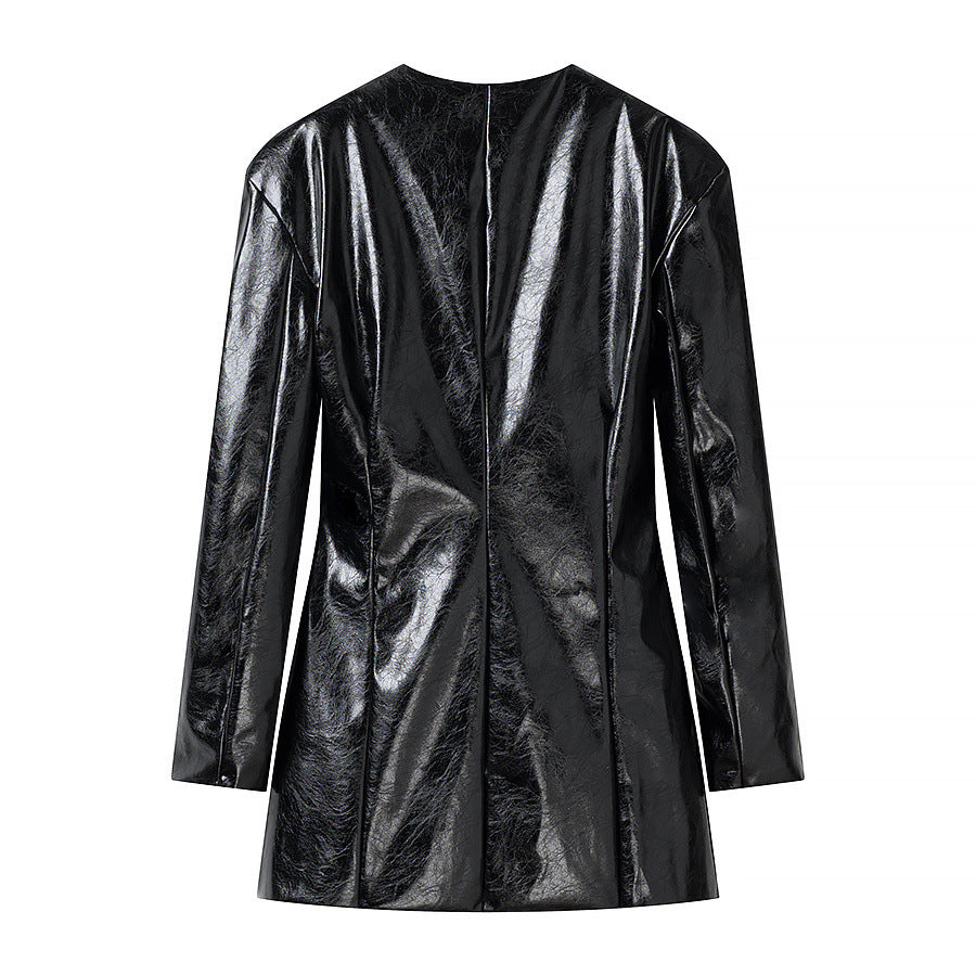 Damen Lackblazer-Minikleid mit taillierten Abnähern und goldenen Zierknöpfen Drune