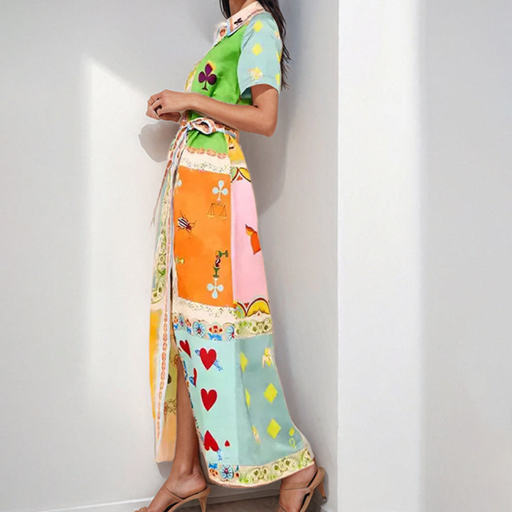 Damen Maxikleid mit buntem Patchwork-Design und taillierbarem Gürtel Drune