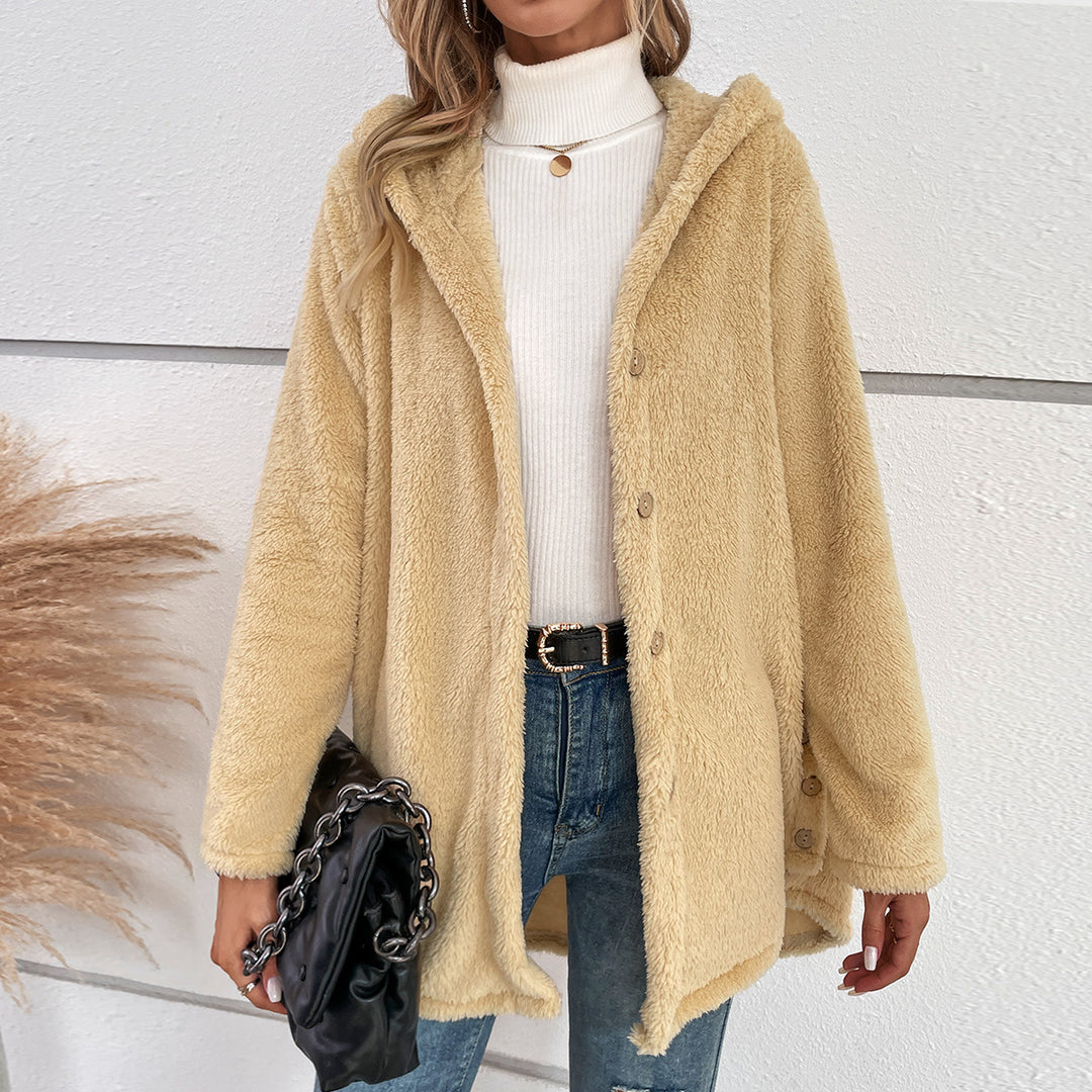 Damen flauschige Übergangsjacke mit Kapuze und Knopfverschluss Drune
