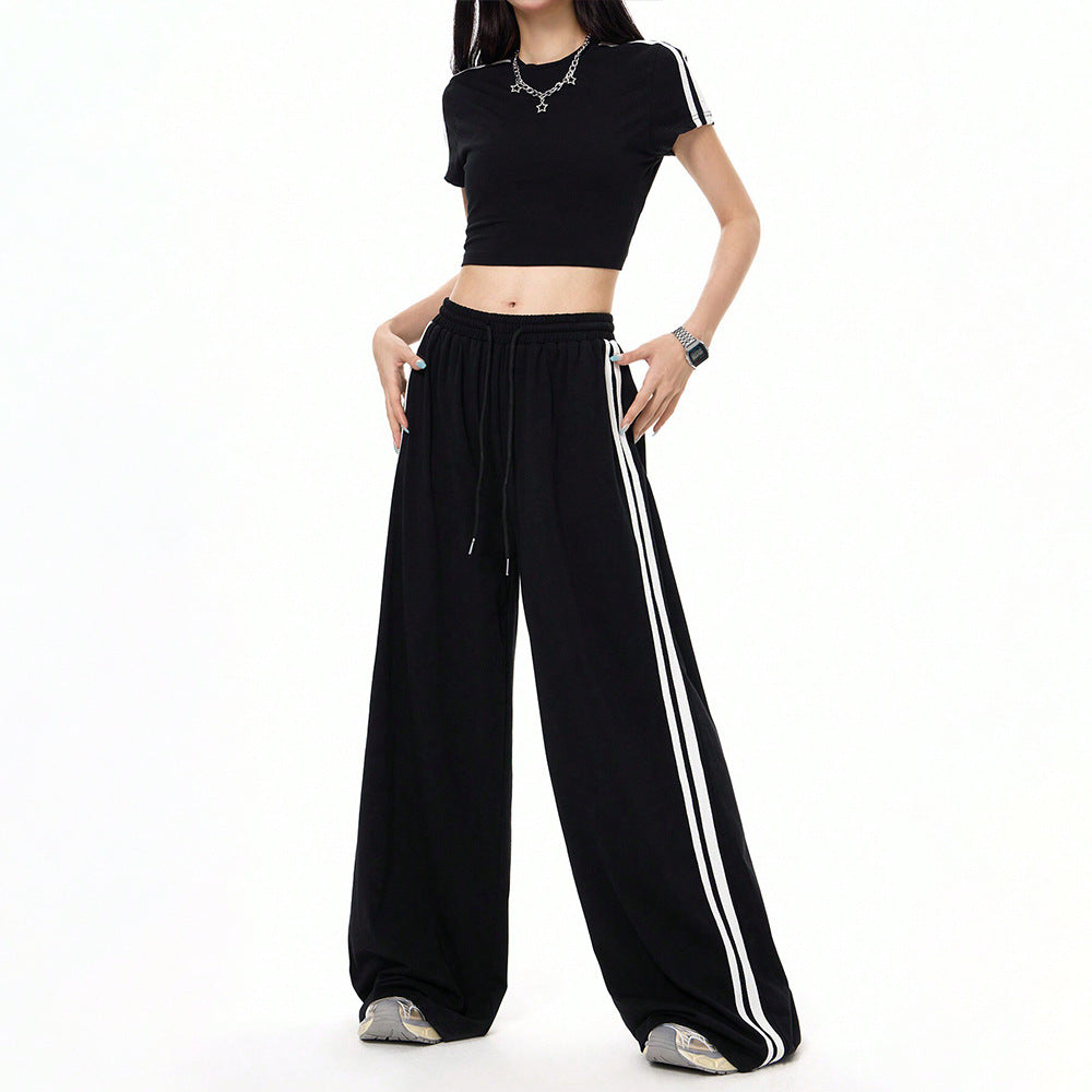 Damen lässige Highwaist weite Sweathose mit elastischem Bund, Tunnelzug und seitlichen Kontraststreifen Drune
