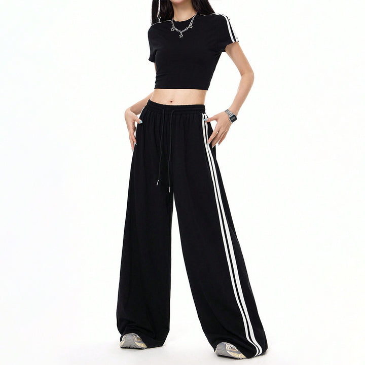 Damen lässige Highwaist weite Sweathose mit elastischem Bund, Tunnelzug und seitlichen Kontraststreifen Drune