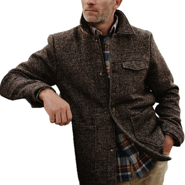 Herren Woll-Tweed Feldjacke mit Stehkragen und aufgesetzten Taschen Drune