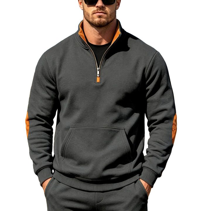 Herren Athletisches Halbzip-Sweatshirt mit Ellenbogenpatches und Kängurutasche Drune