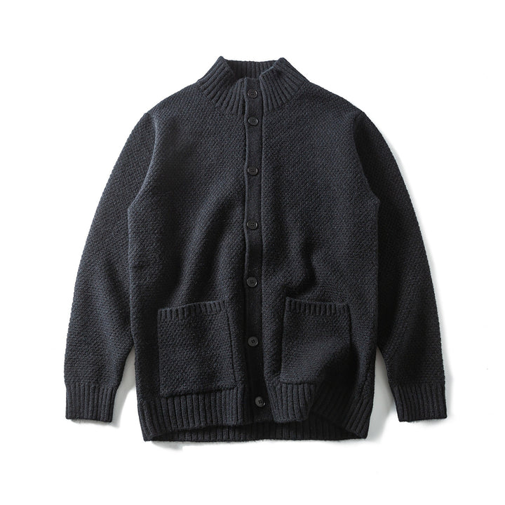 Damen Grobstrick-Cardigan mit hohem Rippkragen, Knopfleiste und aufgesetzten Taschen Drune