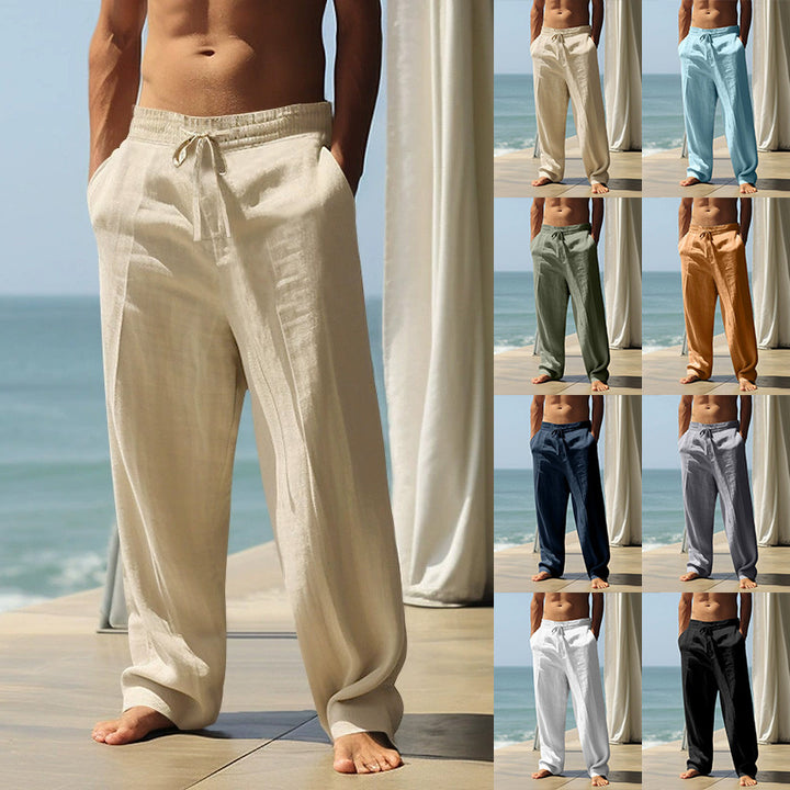 Herren nan lockere Leinen-Baumwoll-Freizeithose mit elastischem Bund und Kordelzug Drune