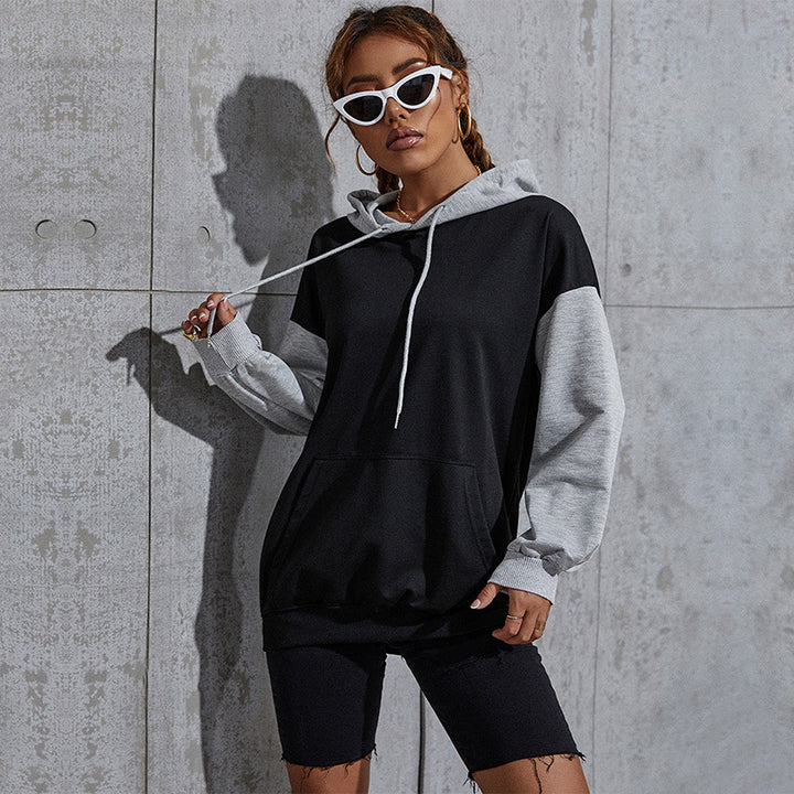 Damen Oversize Sweatshirt mit Kapuze, Kontrastärmeln und Kängurutasche Drune